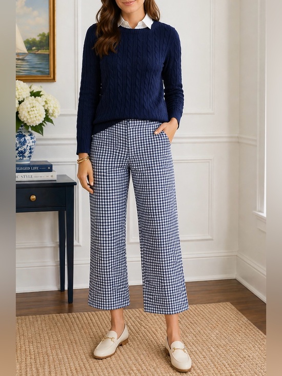 Premise Pants - Premise Navy White Gingham Cropped Pants Size Large Pull On Stretch Coastal Prep